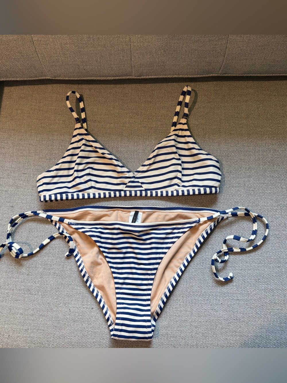 J. Crew Navy & White Striped Tie-Side Bikini bottom and French bikini top EUC